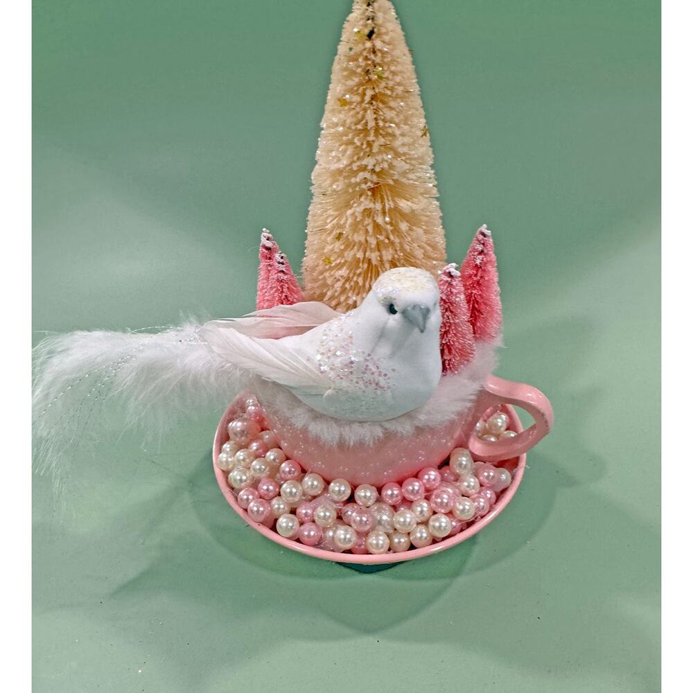Priced Reduced Pink Melmac Cup Christmas Assemblage w/ Bird & Bottle Brush Trees - Picture 4 of 7